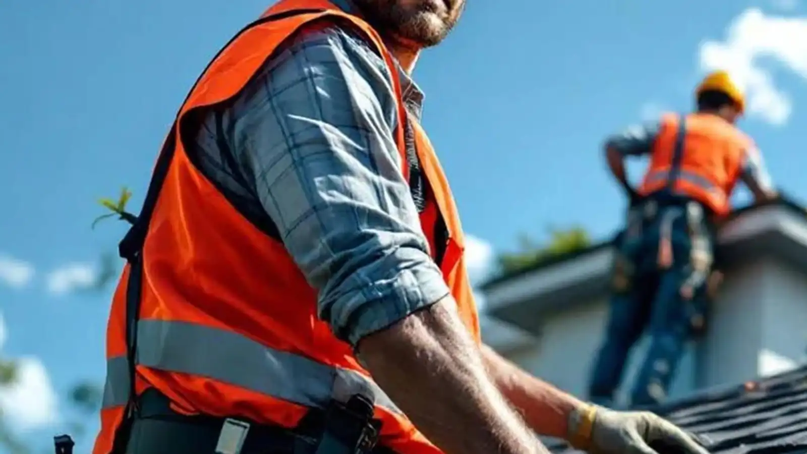 A roofer in a high-visibility vest nailing down shingles on a roof.