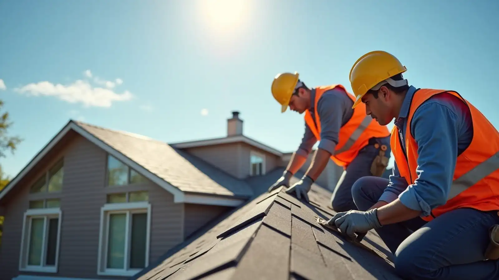 Two roofers in high-visibility vests laying a course of shingles on a sunny roof.